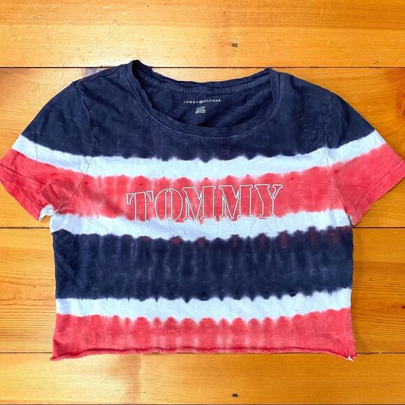 Tommy Hilfiger Tie Dye Red White Blue Striped Crop Top Short Sleeve Shirt - Picture 1 of 1